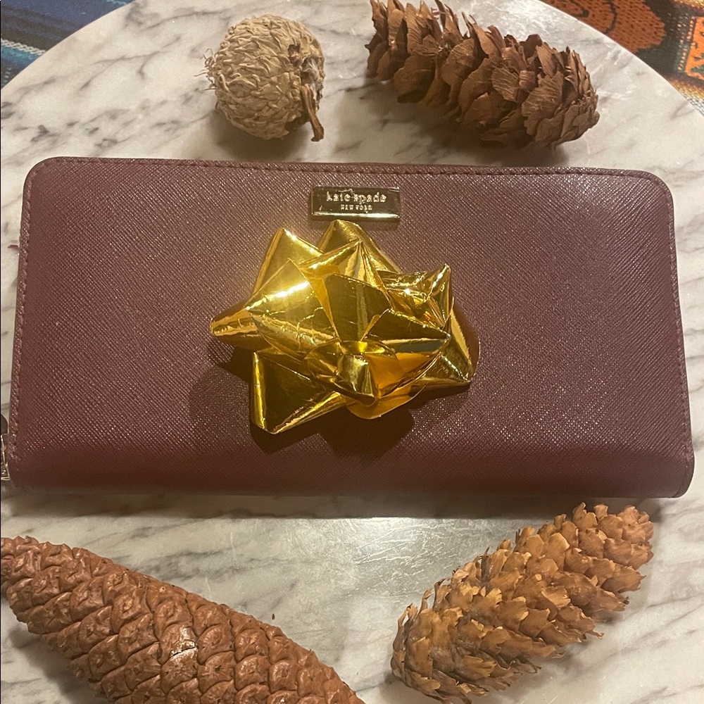 Kate Spade Deep Plum Zip Up Leather Wallet Gold Accents, EUC